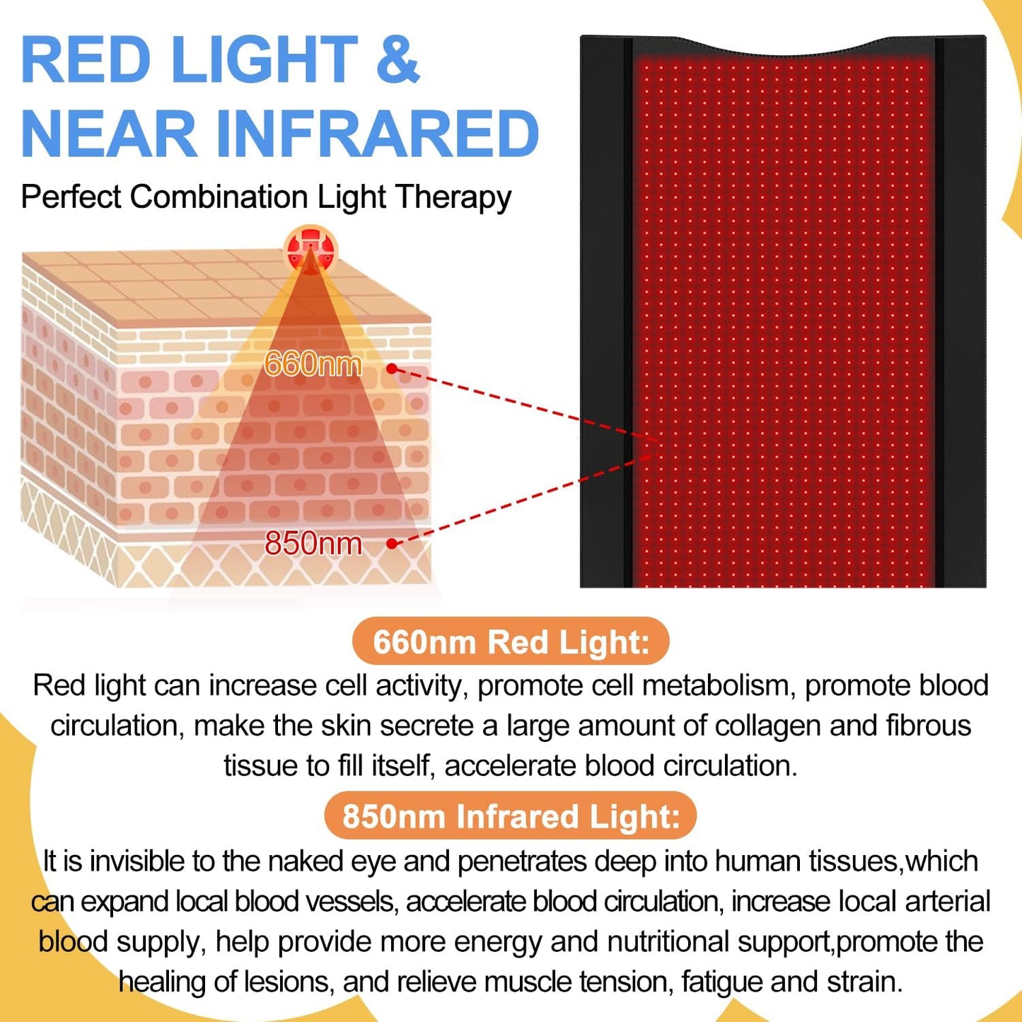 2024 New 3100Pcs Dual Wavelength LED Beads 660Nm&850Nm Red Light Therapy Mat Full Body Used to Relieve Pain 71''X 33''（Black）